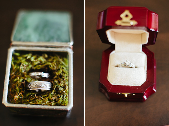 wedding rings in rustic moss case